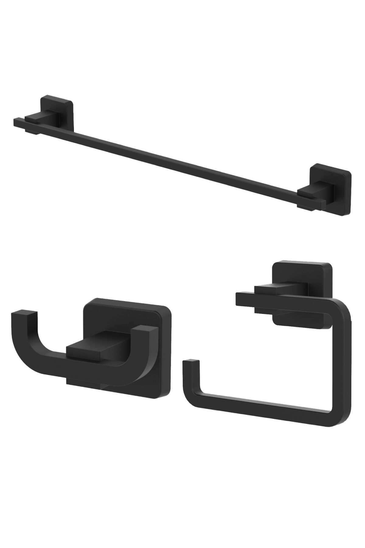 Kare Mat Siyah Ikili Askılık + Kapaksız Kağıtlık + Uzun Havluluk Banyo Seti