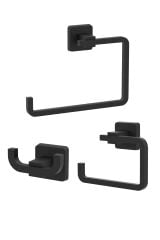 Kare Mat Siyah Ikili Askılık + Kapaksız Kağıtlık + Yuvarlak Havluluk Banyo Seti