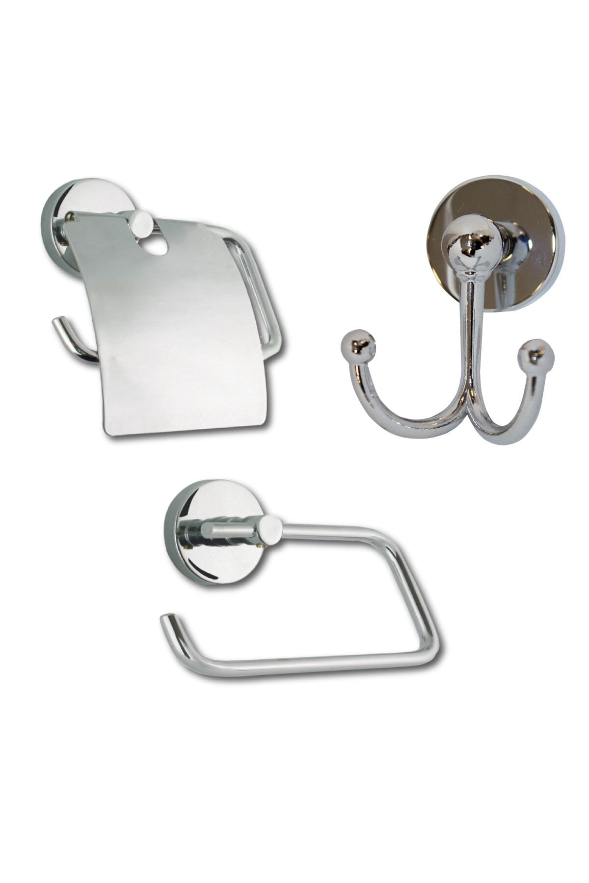 Lüx Krom Kapaklı Kağıtlık + Kapaksız Kağıtlık + Ikili Bornoz Askılık Banyo Seti
