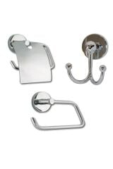 Lüx Krom Kapaklı Kağıtlık + Kapaksız Kağıtlık + Ikili Bornoz Askılık Banyo Seti