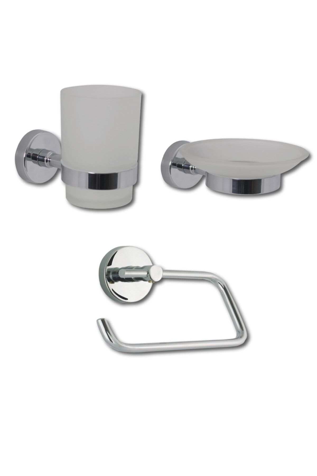 Lüx Krom Diş Fırçalık + Sabunluk + Kapaksız Kağıtlık Üçlü Banyo Seti