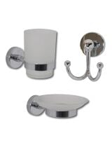 Lüx Krom Sabunluk + Diş Fırçalık + Ikili Askılık Üçlü Banyo Seti