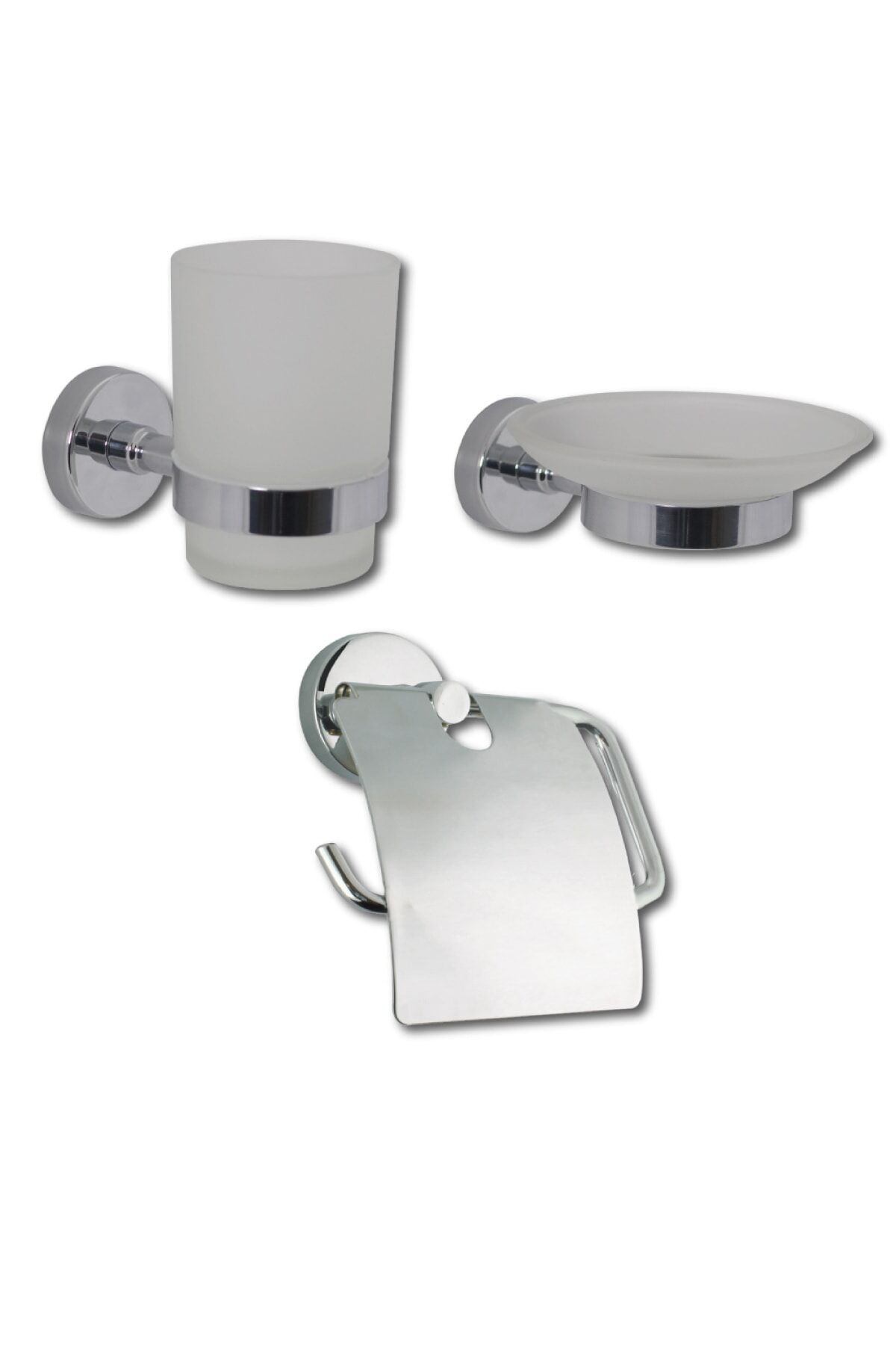 Lüx Krom Kapaklı Kağıtlık + Sabunluk + Diş Fırçalık Üçlü Banyo Seti