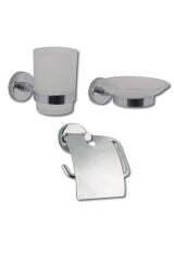 Lüx Krom Kapaklı Kağıtlık + Sabunluk + Diş Fırçalık Üçlü Banyo Seti
