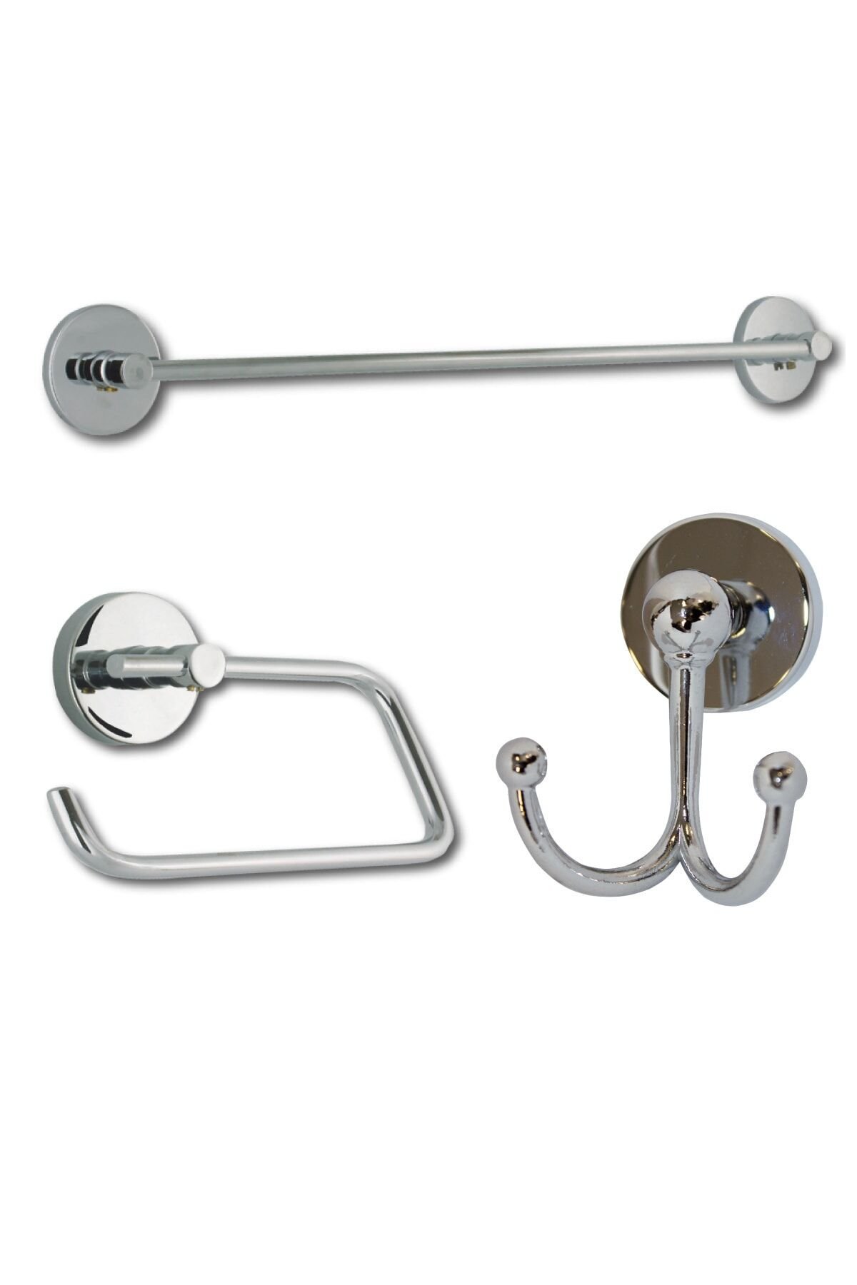 Lüx Krom Uzun Havluluk + Ikili Askılık + Kapaksız Kağıtlık Üçlü Banyo Seti
