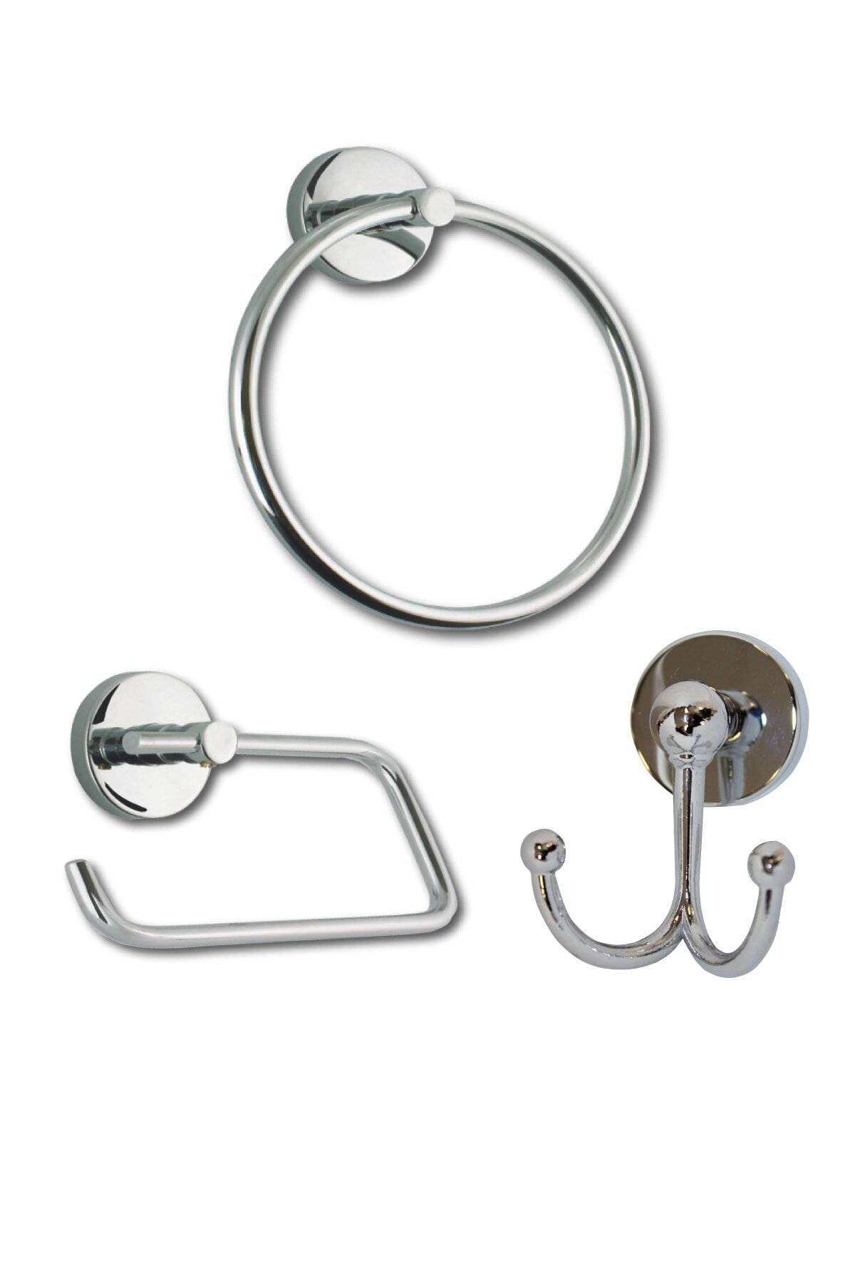 Lüx Krom Yuvarlak Havluluk + Ikili Askılık + Kapaksız Kağıtlık Üçlü Banyo Seti