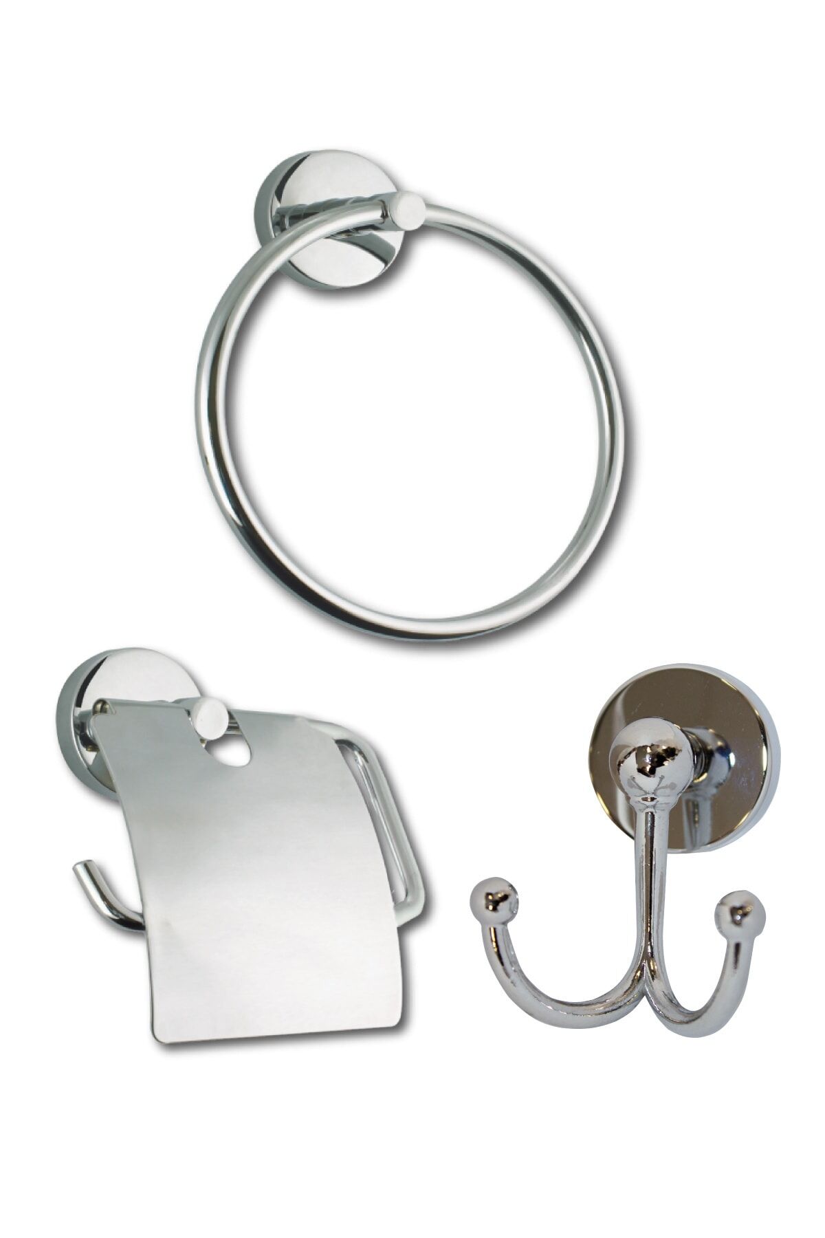 Lüx Krom Yuvarlak Havluluk + Ikili Askılık + Kapaklı Kağıtlık Üçlü Banyo Seti