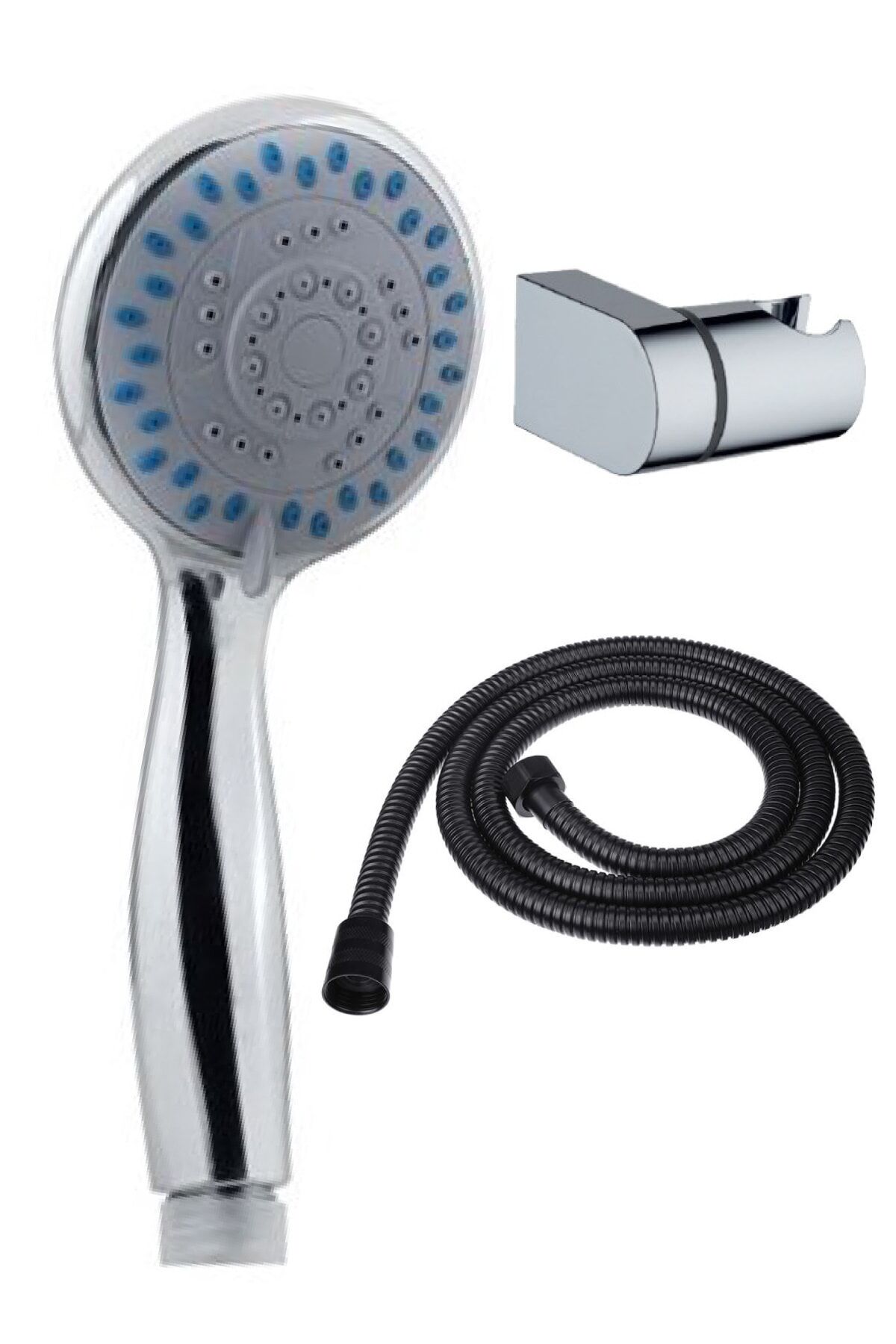 Gediz 4 Fonksiyonlu Duş Başlığı + L Mafsal + Siyah Duş Hortumu Duş Takımı