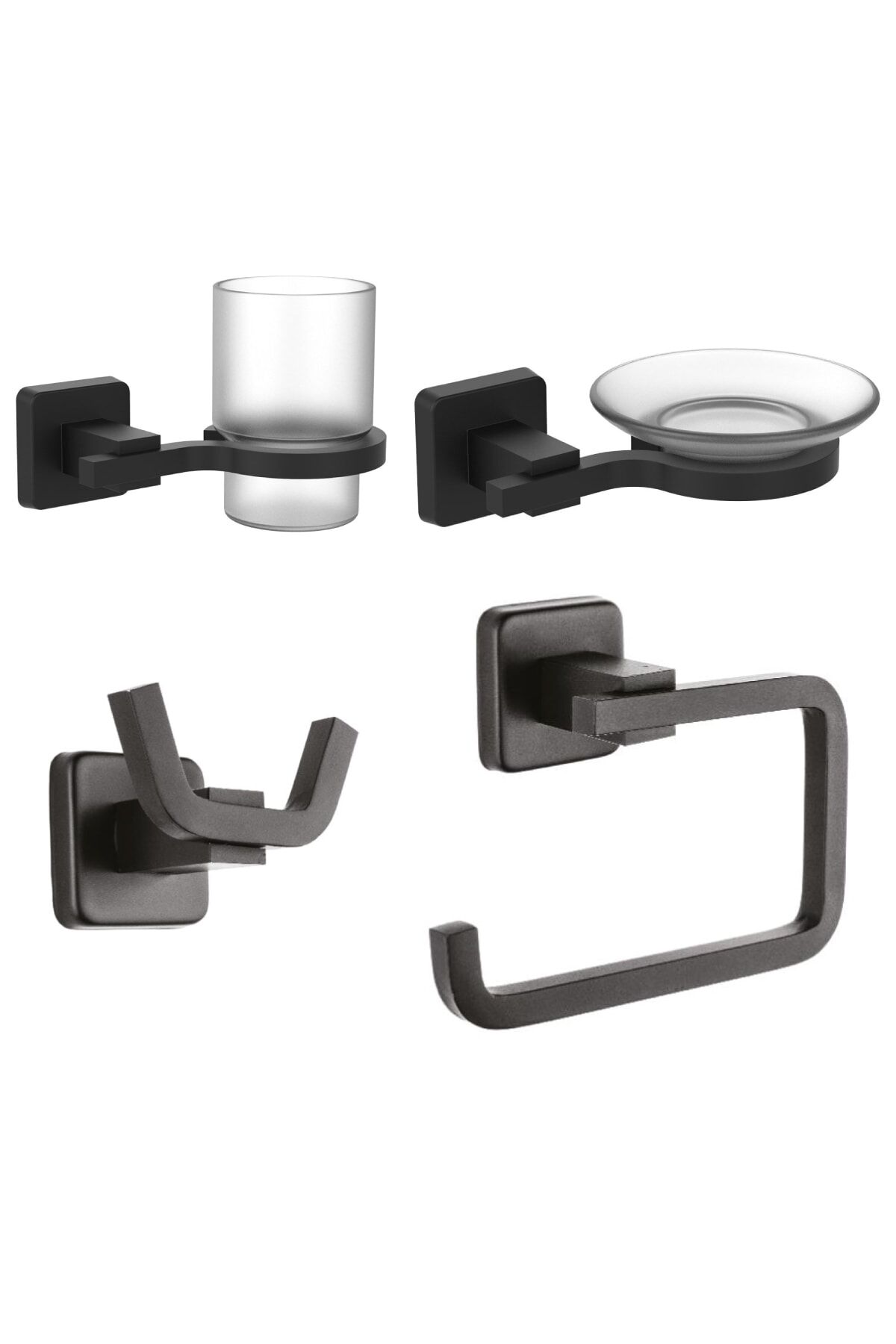 Mat Siyah Ikili Askılık + Diş Fırçalık + Sabunluk + Kağıtlık Banyo Seti