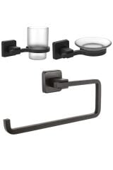 Mat Siyah Diş Fırçalık + Sabunluk + Kağıt Havluluk Banyo Seti