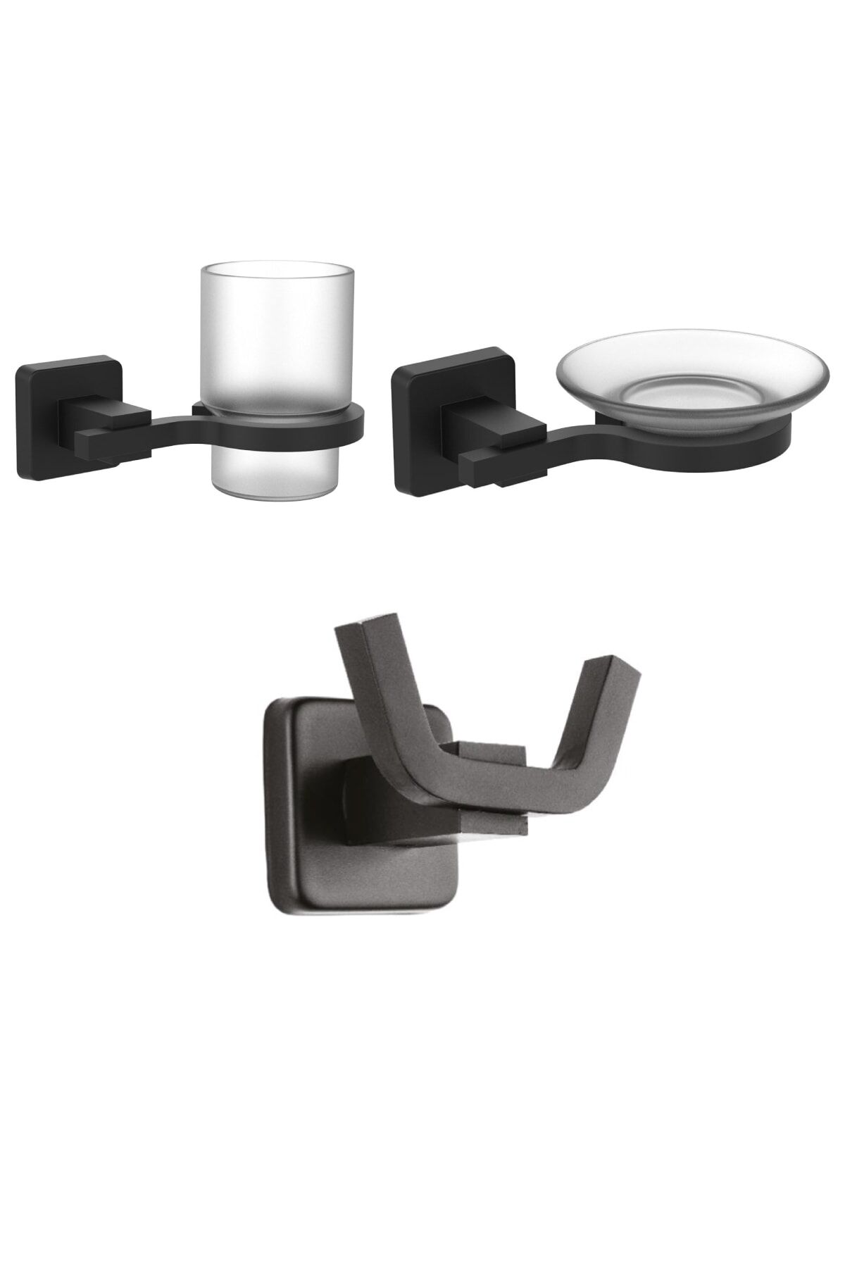 Mat Siyah Diş Fırçalık + Sabunluk + Ikili Askılık Banyo Seti