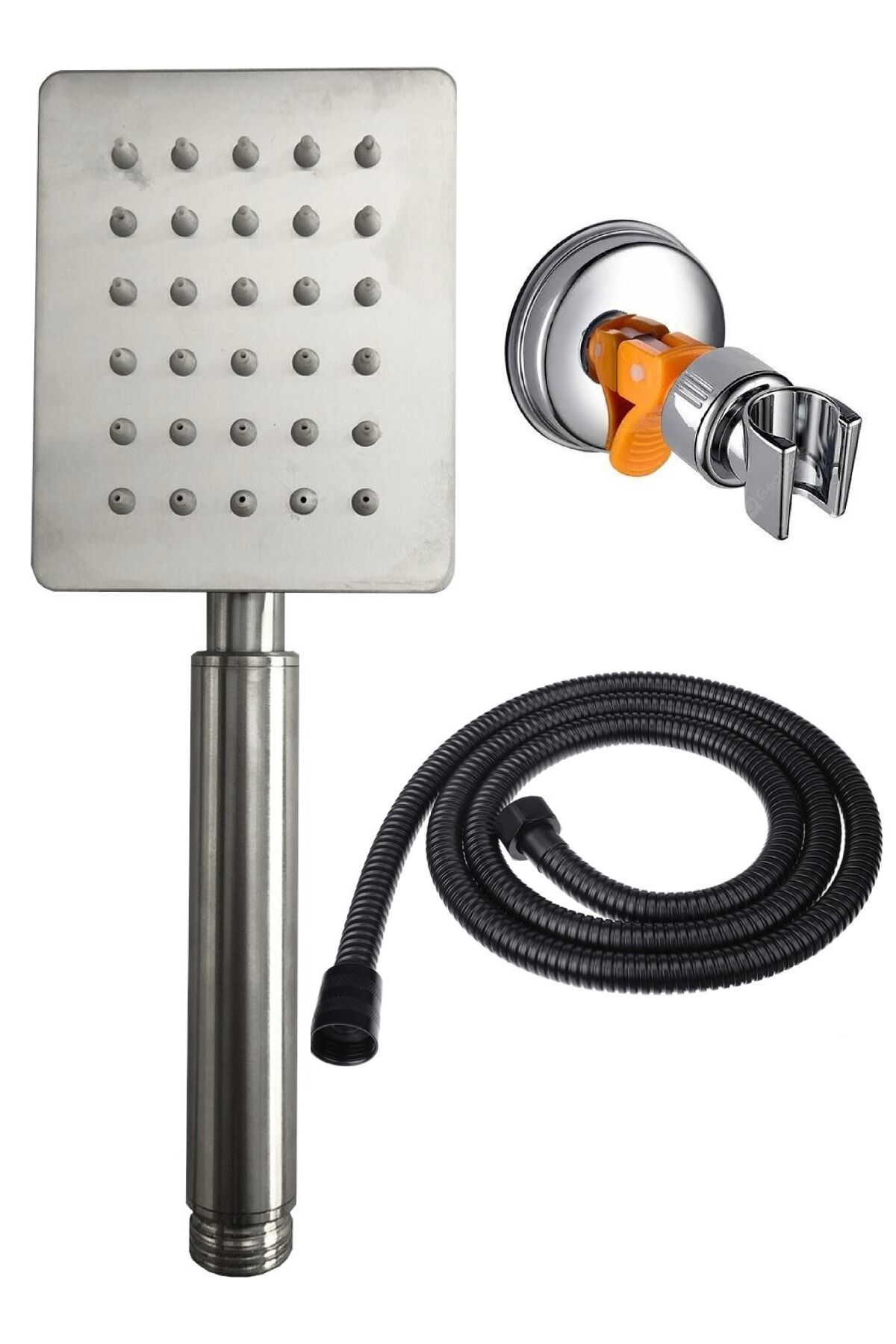 Shine Krom Paslanmaz Duş Başlığı + Siyah Duş Hortumu + Vakumlu Mafsal Duş Takımı Duş Seti