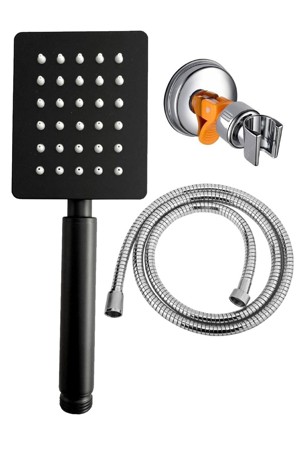 Shine Siyah Paslanmaz Duş Başlığı + Duş Hortumu + Vakumlu Mafsal Duş Takımı