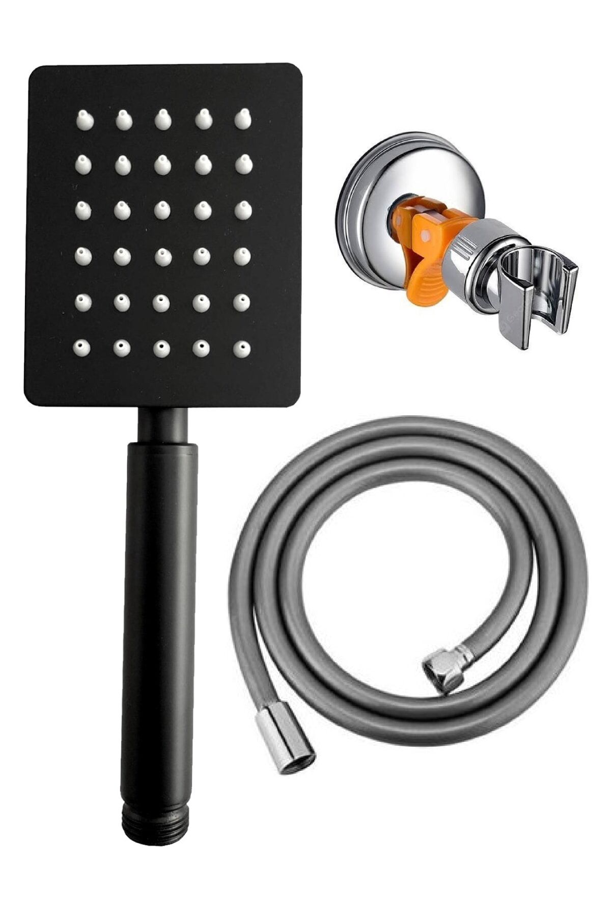 Shine Siyah Paslanmaz Duş Başlığı + Pvc Duş Hortumu + Vakumlu Mafsal Duş Takımı