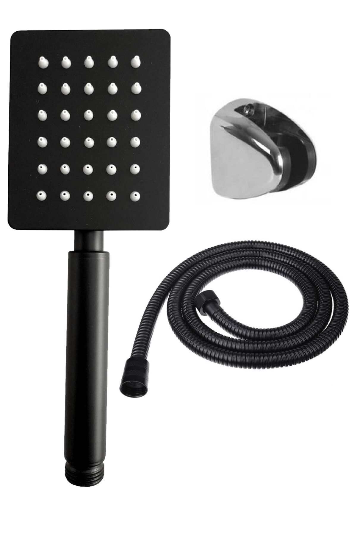 Shine Siyah Paslanmaz Duş Başlığı + Siyah Duş Hortumu + Mafsal Duş Takımı Duş Seti