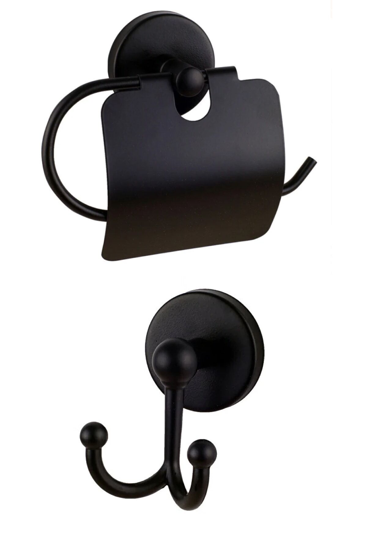 Base Mat Siyah Ikili Askılık + Kapaklı Tuvalet Kağıtlık Banyo Seti