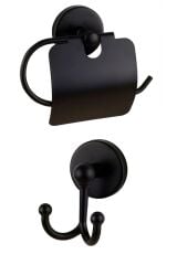 Base Mat Siyah Ikili Askılık + Kapaklı Tuvalet Kağıtlık Banyo Seti