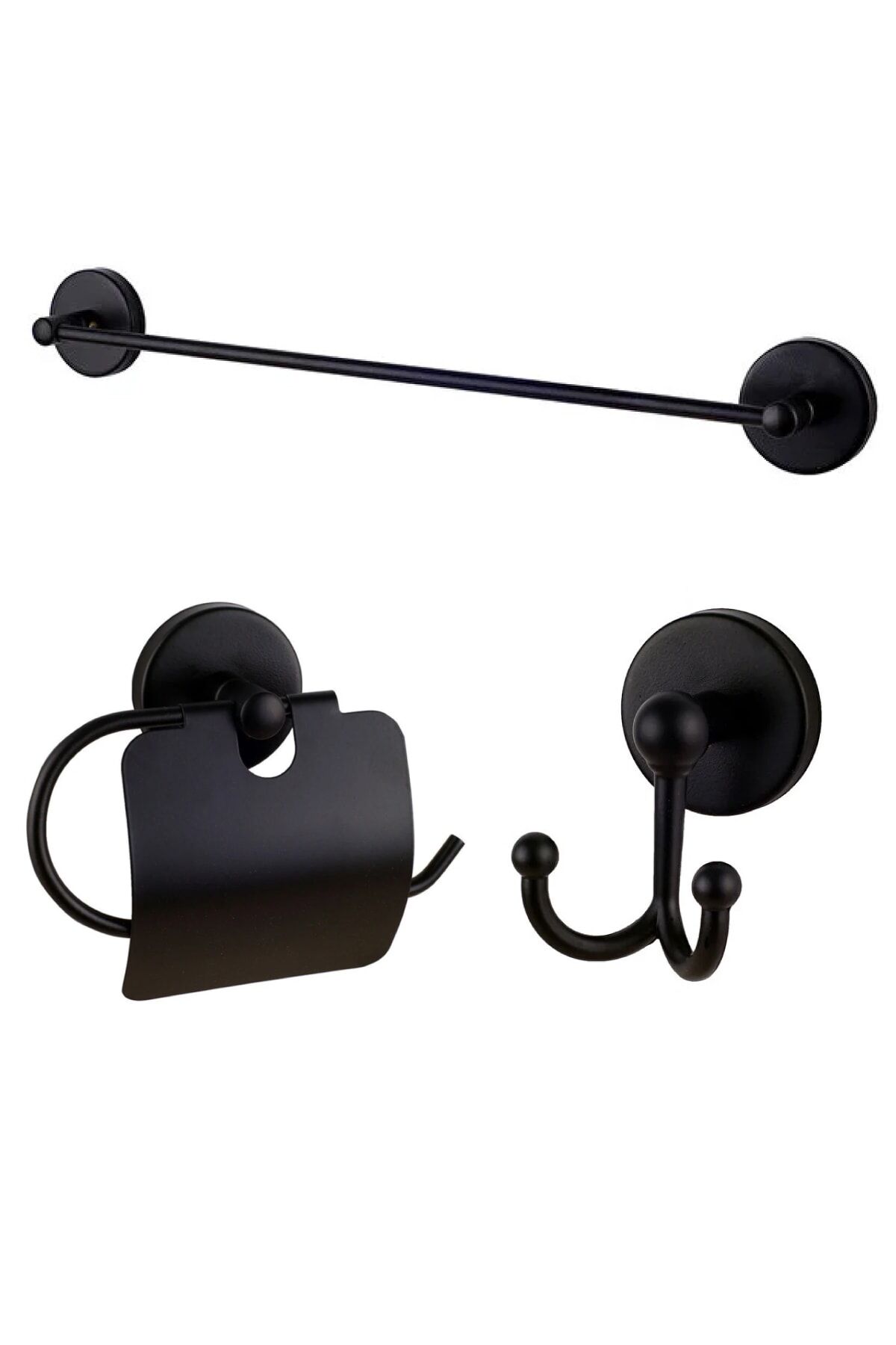 Base Mat Siyah Uzun Havluluk + Kapaklı Kağıtlık + Ikili Askılık Banyo Seti