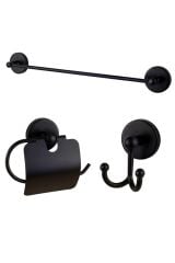 Base Mat Siyah Uzun Havluluk + Kapaklı Kağıtlık + Ikili Askılık Banyo Seti