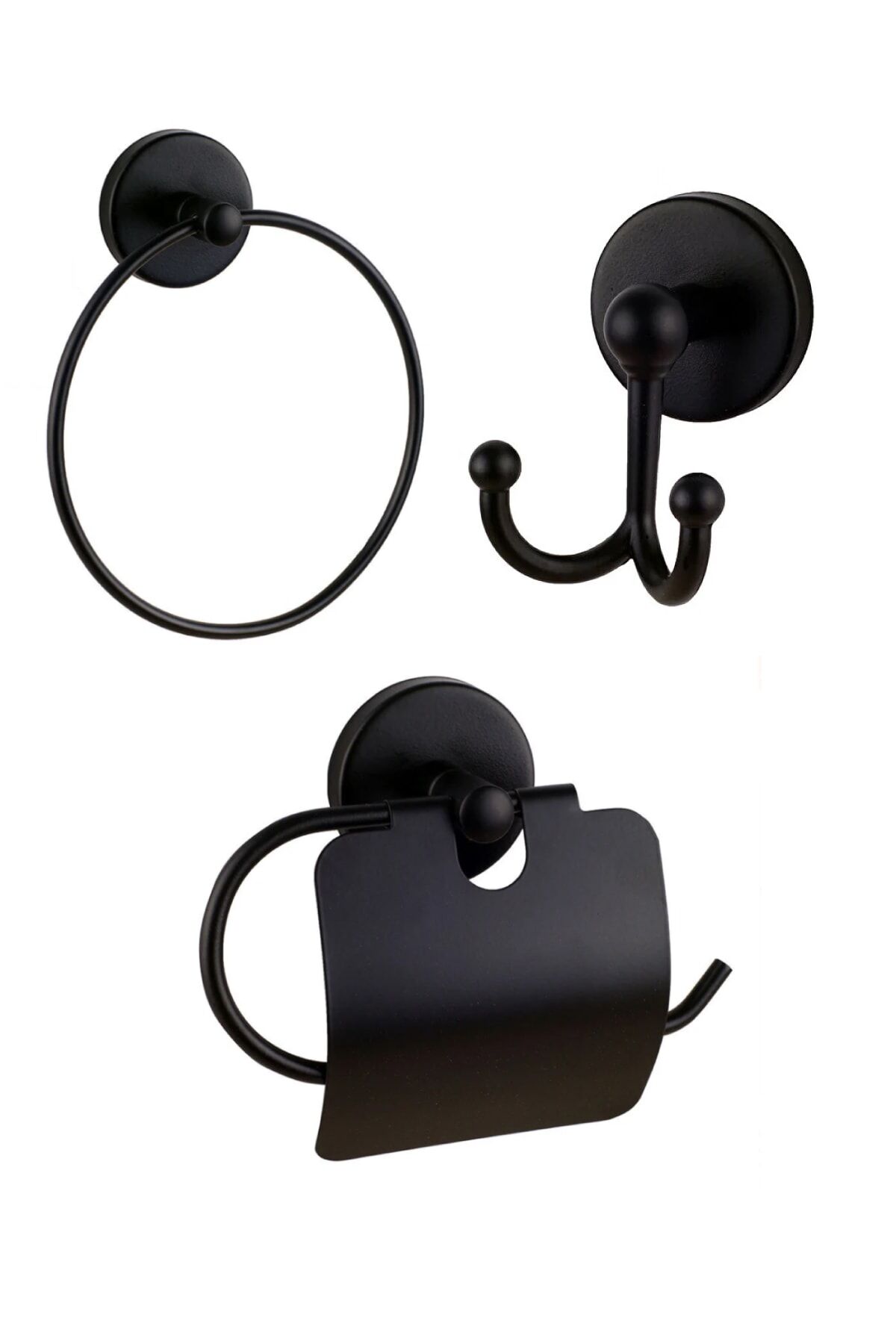 Base Mat Siyah Yuvarlak Havluluk + Kapaklı Kağıtlık + Ikili Askılık Banyo Seti