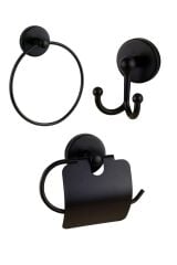 Base Mat Siyah Yuvarlak Havluluk + Kapaklı Kağıtlık + Ikili Askılık Banyo Seti