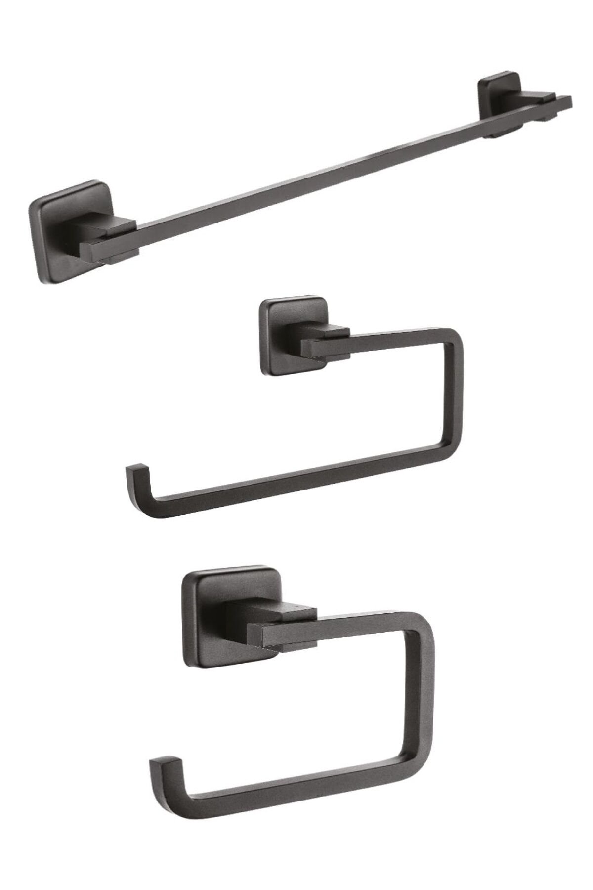 Kare Mat Siyah Kapaksız Kağıtlık + Kağıt Havluluk + Uzun Havluluk Banyo Seti