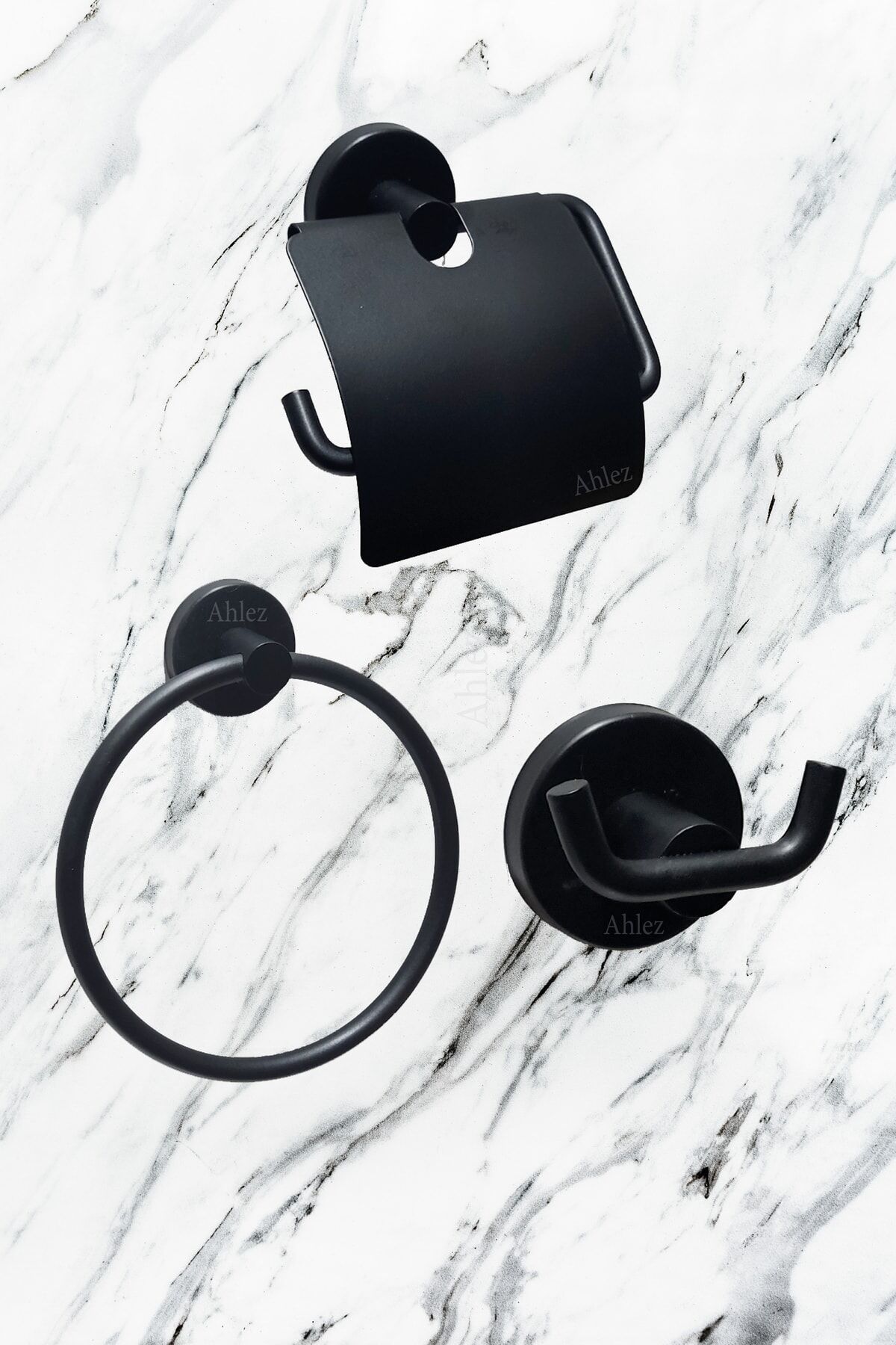 Ceyhan Mat Siyah Kapaklı Tuvalet Kağıtlık Ikili Askılık Yuvarlak Havluluk 3'lü Banyo Seti