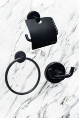 Ceyhan Mat Siyah Kapaklı Tuvalet Kağıtlık Ikili Askılık Yuvarlak Havluluk 3'lü Banyo Seti