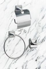 Pasifik Kare Krom Ikili Askılık Kapaklı Tuvalet Kağıtlık Yuvarlak Havluluk Üçlü Banyo Set