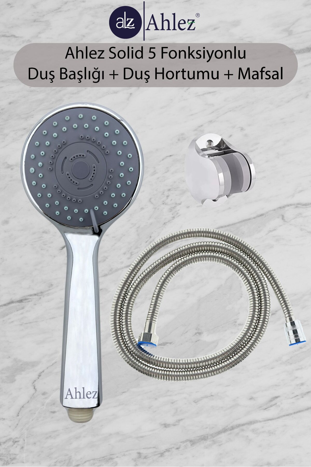 Solid 5 Fonksiyonlu Duş Başlığı + Duş Hortumu + Büyük Mafsal Duş Seti