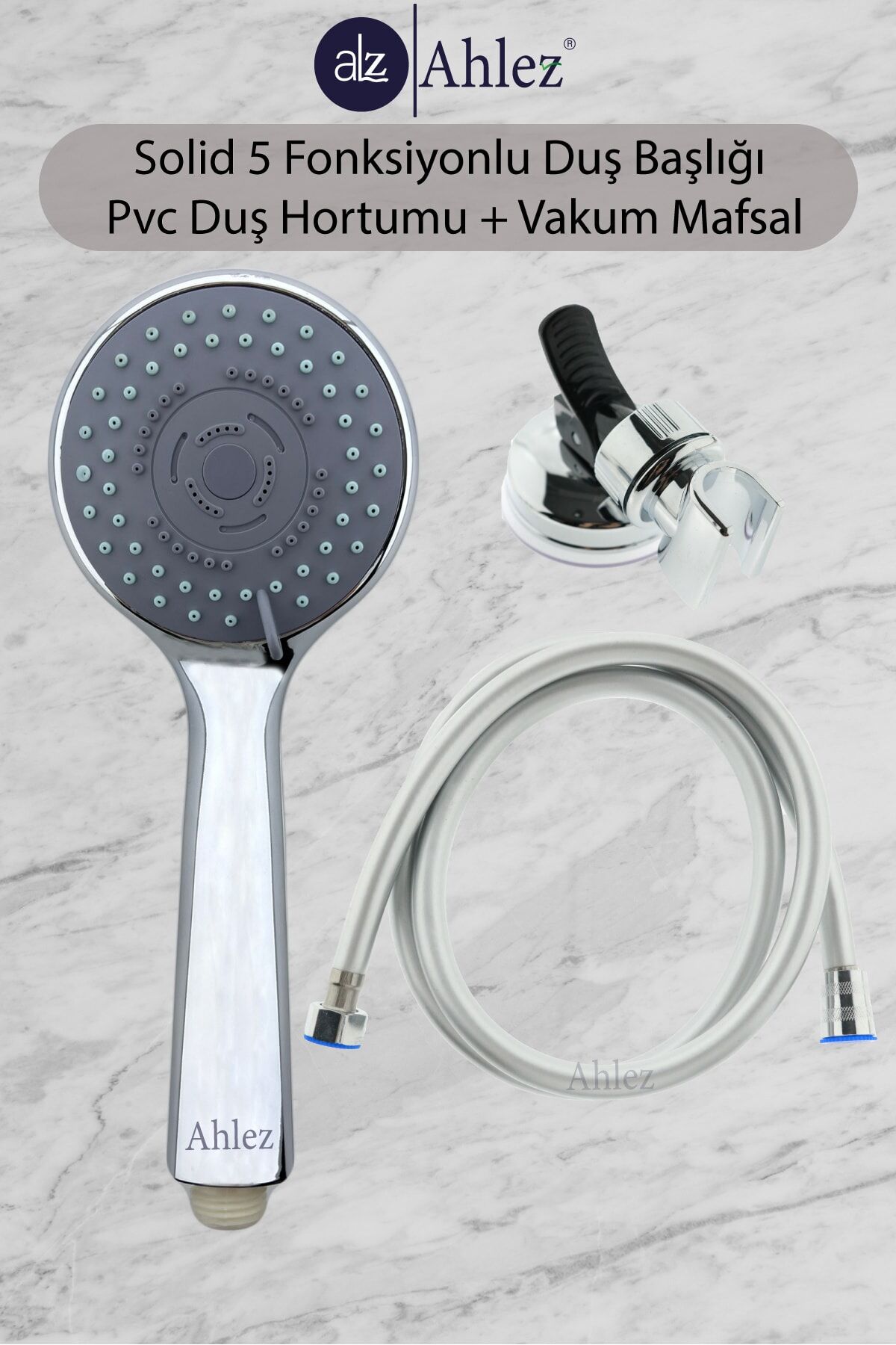Solid 5 Fonksiyonlu Duş Başlığı + Pvc Duş Hortumu + Vakum Mafsal Duş Takımı