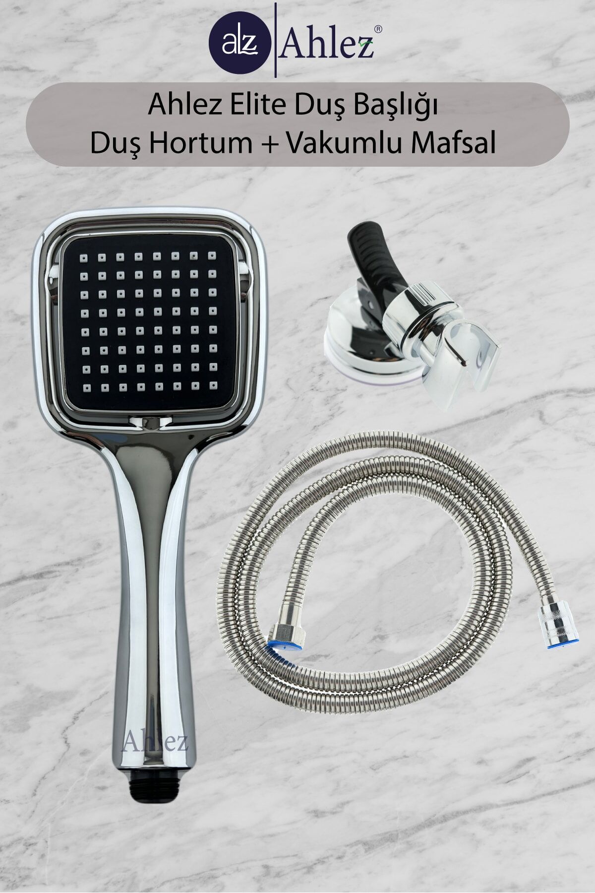 Elite Kare Duş Başlığı + Duş Hortumu + Vakum Mafsal Duş Takımı Duş Seti