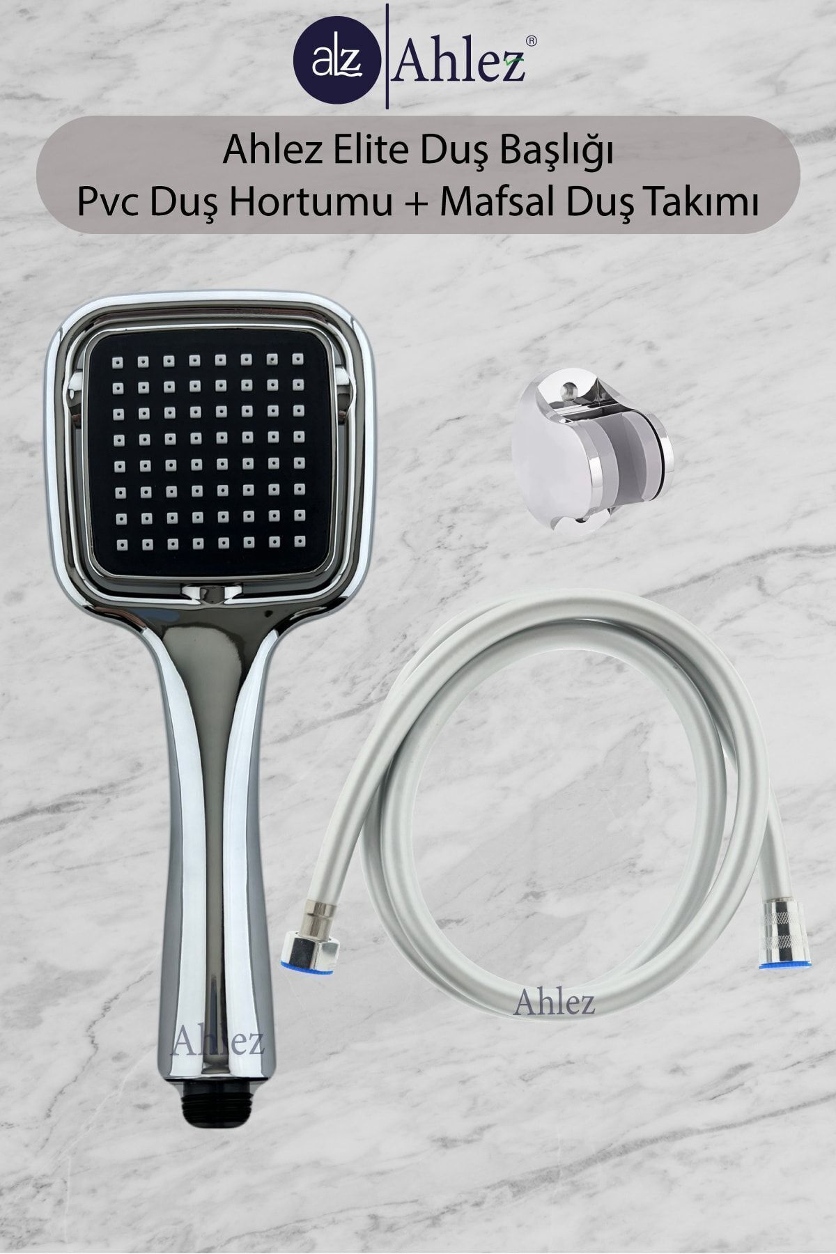 Elite Kare Duş Başlığı + Pvc Duş Hortumu + Büyük Mafsal Duş Seti