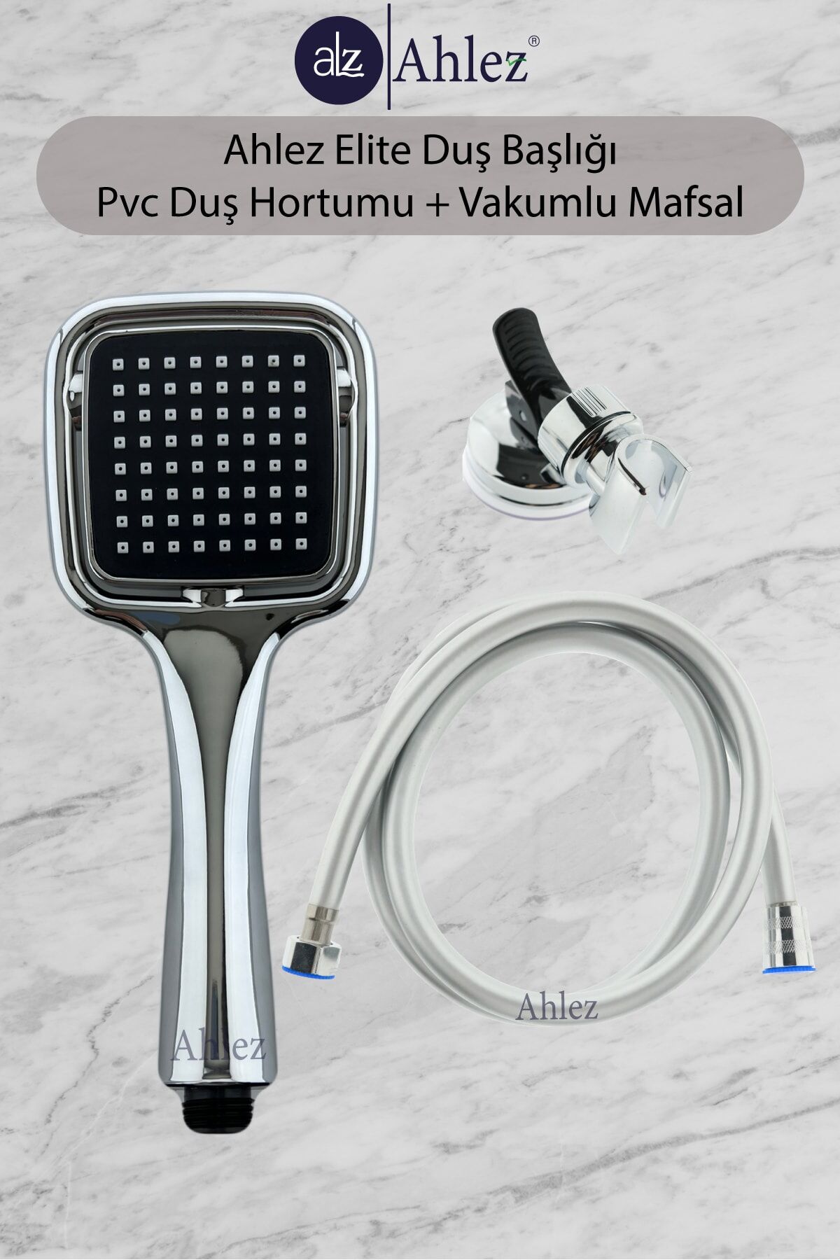 Elite Kare Duş Başlığı + Pvc Duş Hortumu + Vakum Mafsal Duş Takımı