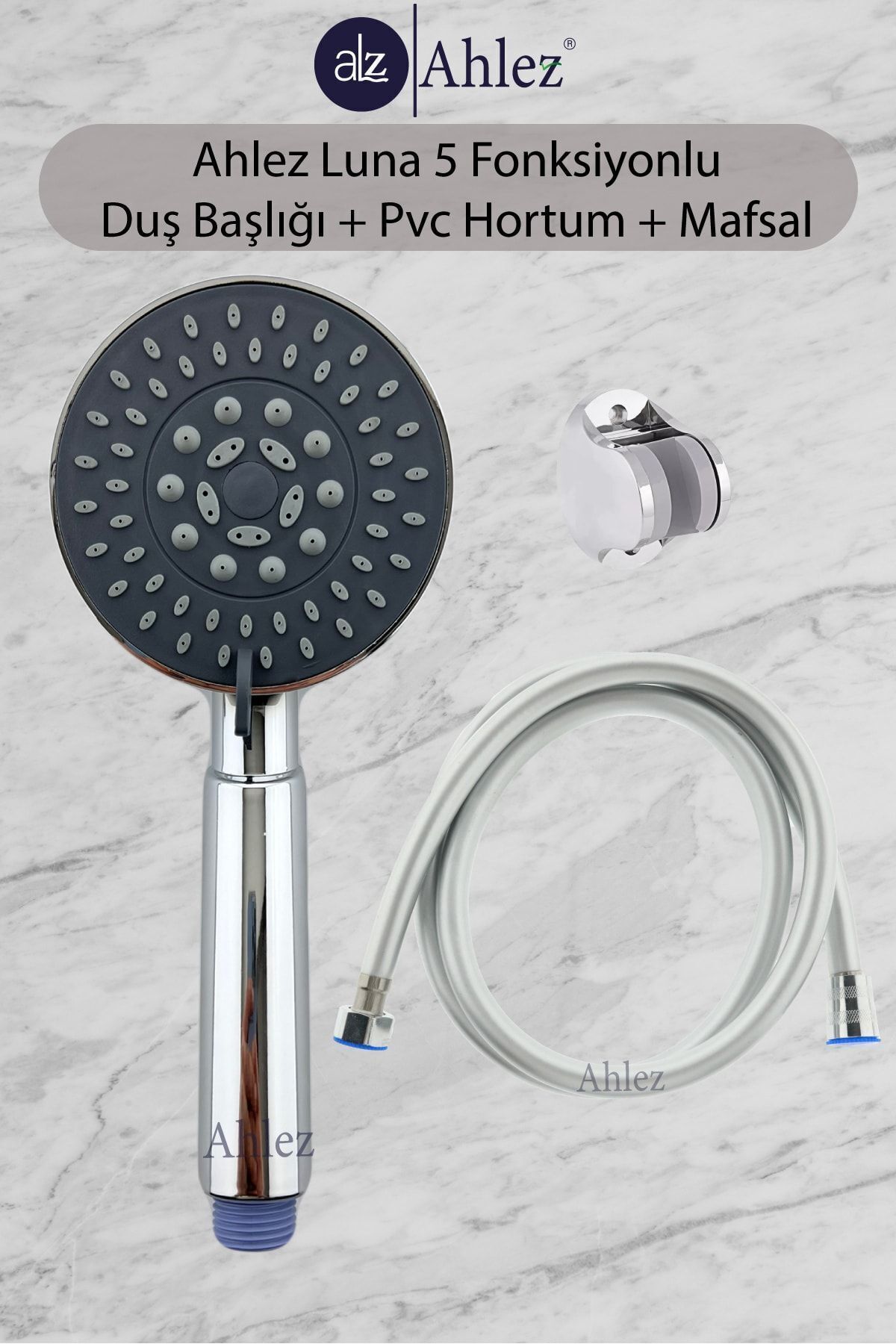 Luna 5 Fonksiyonlu Duş Başlığı + Pvc Duş Hortumu + Mafsal Duş Seti