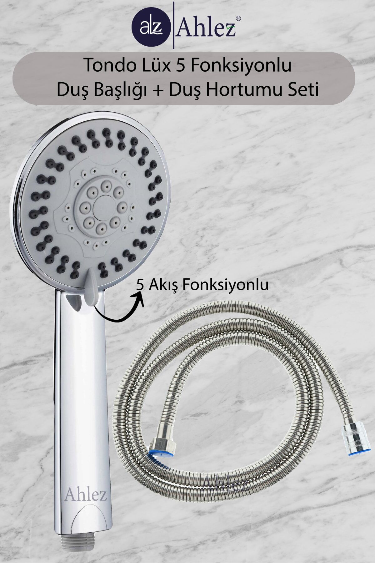 Tondo 5 Fonksiyonlu Duş Başlığı Spiral Duş Hortumu 150 Cm Duş Takımı Duş Sistemi