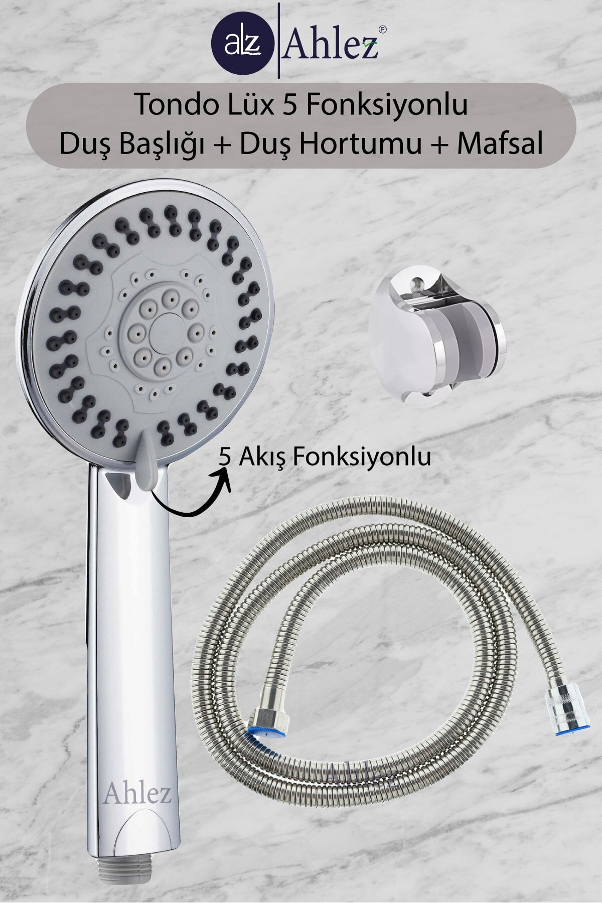 Tondo 5 Fonksiyonlu Duş Başlığı + Duş Hortumu + Duş Askısı Duş Seti