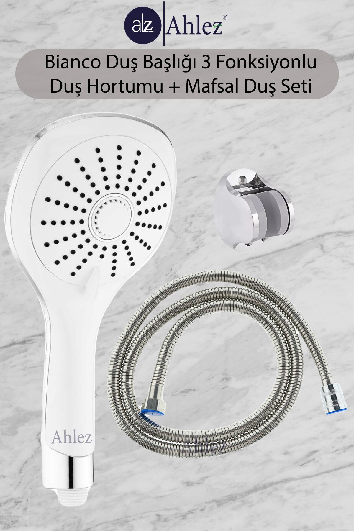 Bianco 3 Fonksiyonlu Duş Başlığı + Duş Hortumu + Mafsal Duş Takımı Duş Seti