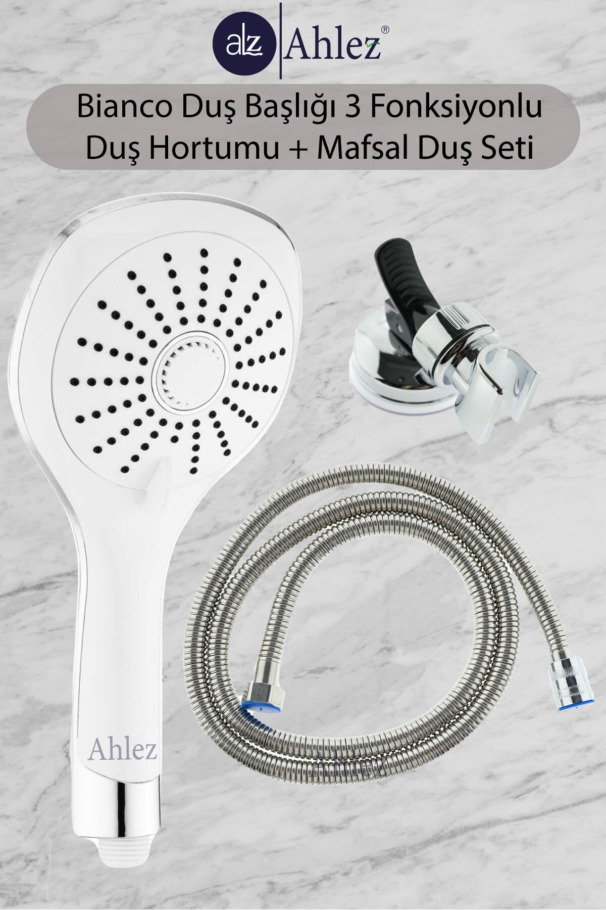 Bianco 3 Fonksiyonlu Duş Başlığı + Duş Hortumu + Vakumlu Mafsal Duş Takımı Duş Seti