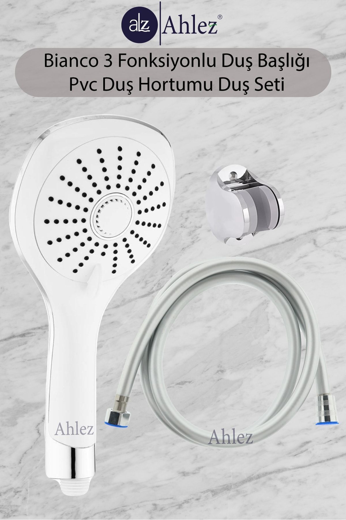 Bianco 3 Fonksiyonlu Duş Başlığı + Pvc Duş Hortumu + Mafsal Duş Seti Duş Takımı