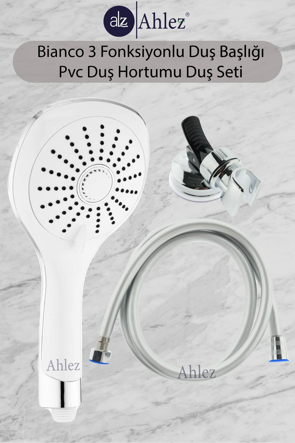 Bianco 3 Fonksiyonlu Duş Başlığı + Pvc Duş Hortumu + Vakumlu Mafsal Duş Takımı Duş Seti