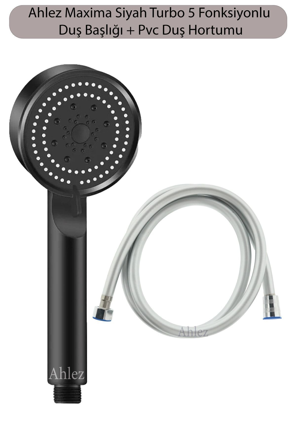 Maxima Siyah Turbo 5 Fonksiyonlu Duş Başlığı + Pvc Duş Hortumu Duş Takımı
