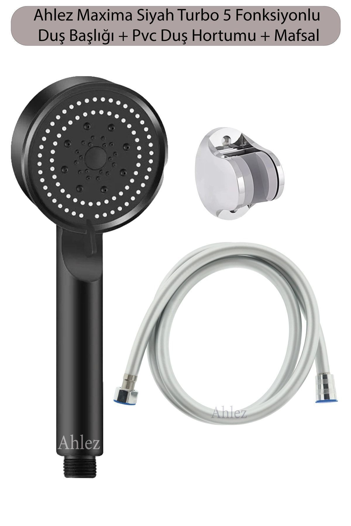 Maxima Siyah Turbo 5 Fonksiyonlu Duş Başlığı + Pvc Duş Hortumu + Mafsal Duş Takımı