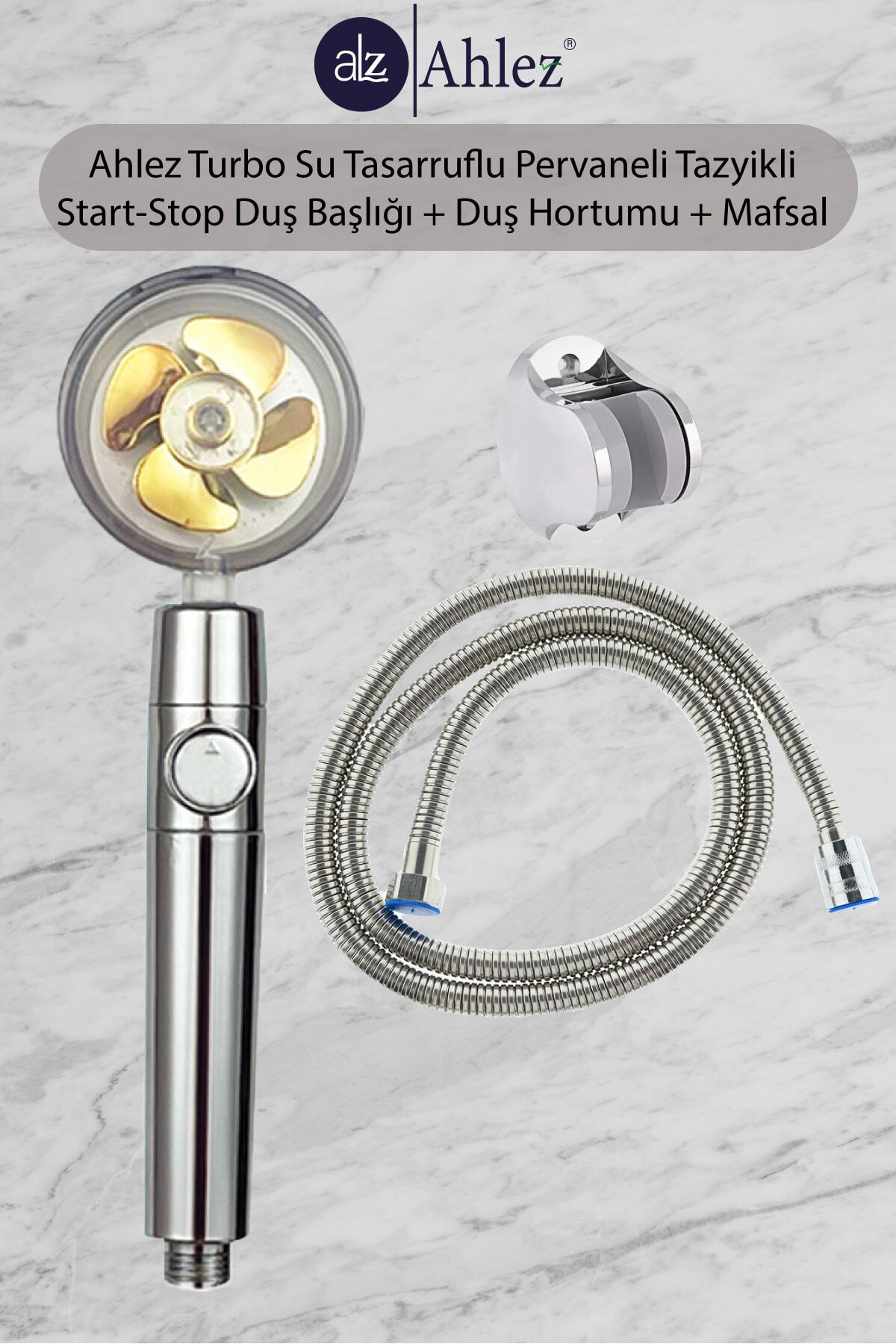 Turbo Pervaneli Jet Fan Duş Başlığı + Duş Hortumu + Mafsal Duş Takımı Duş Seti