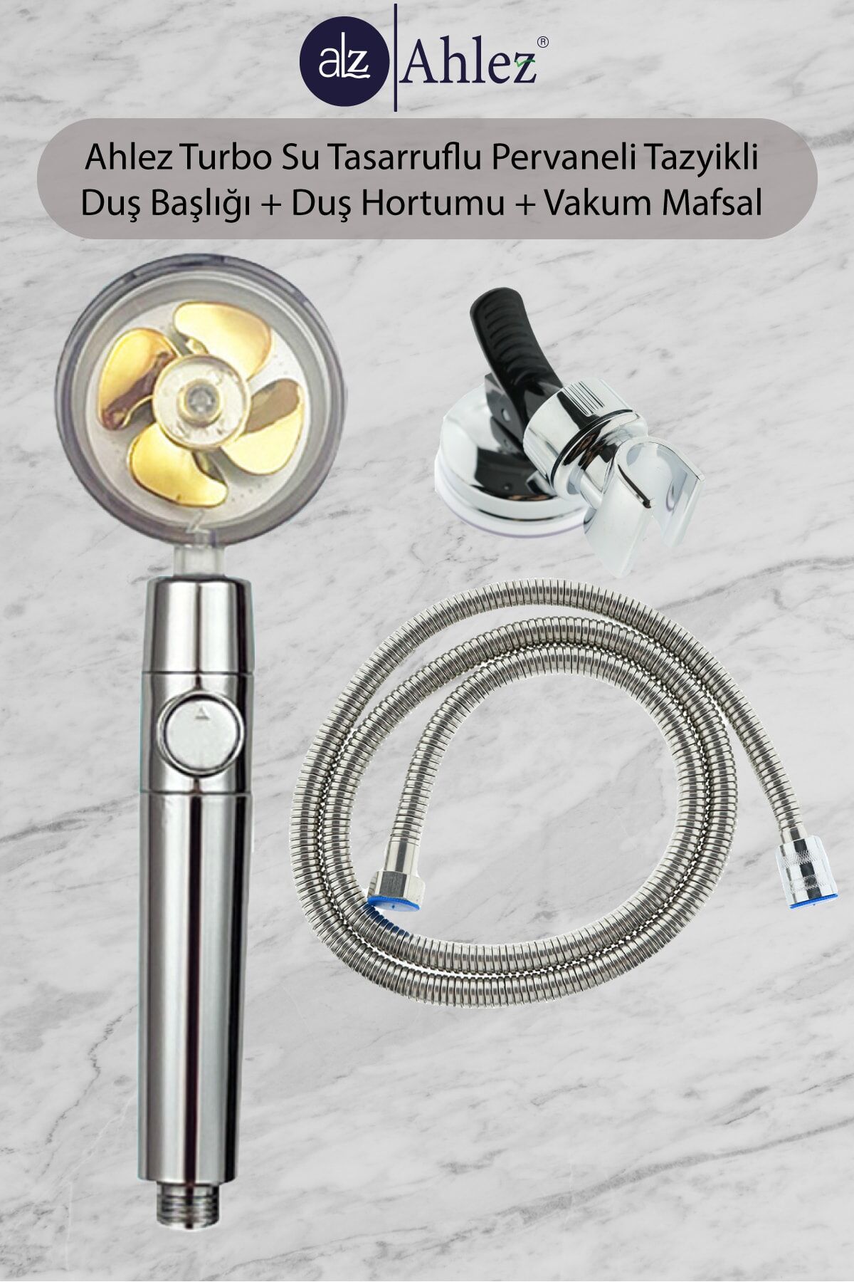 Turbo Pervaneli Jet Fan Duş Başlığı + Duş Hortumu + Vakum Mafsal Duş Seti