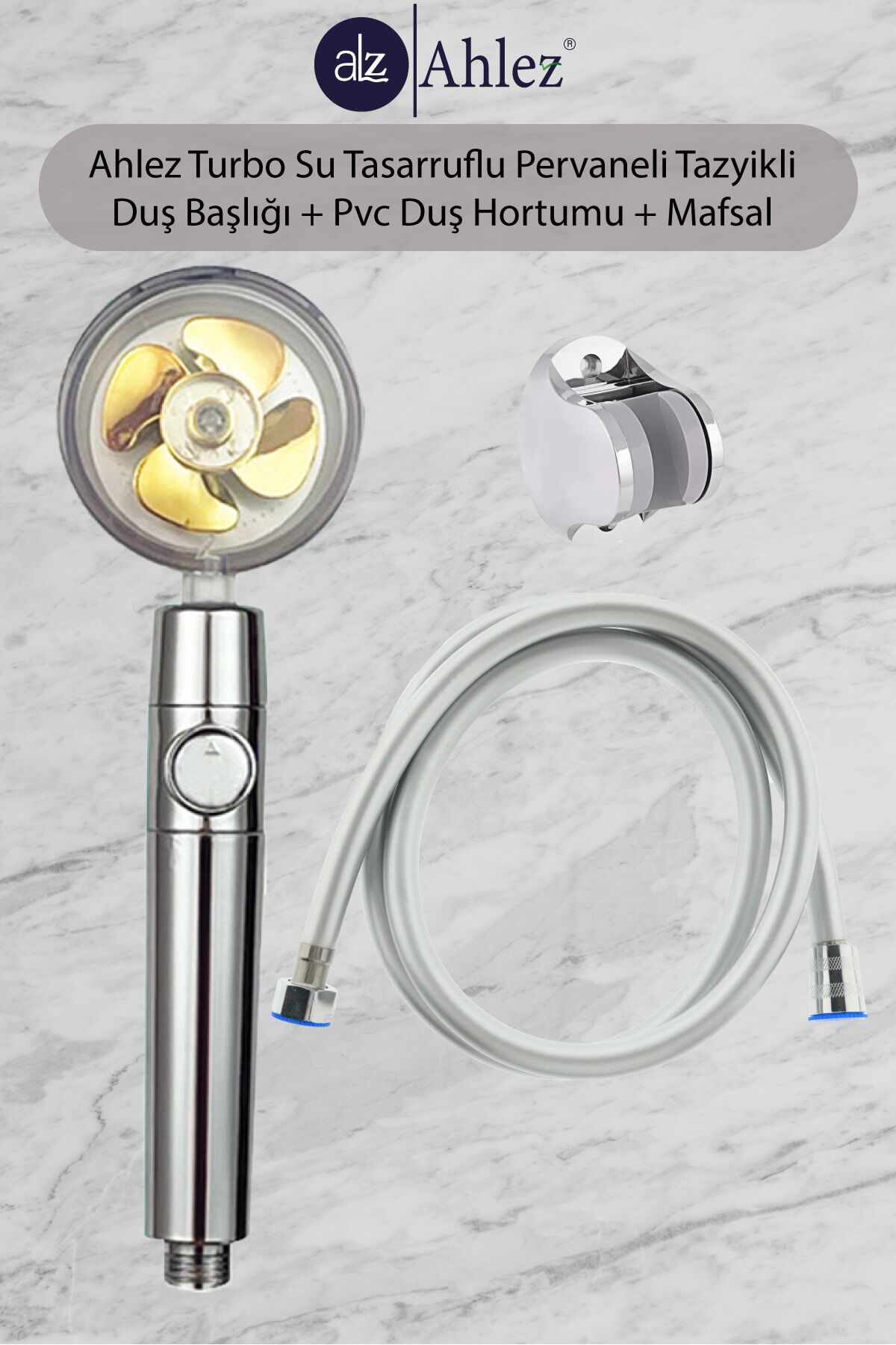 Turbo Pervaneli Duş Başlığı + Pvc Duş Hortumu + Mafsal Duş Takımı Duş Seti