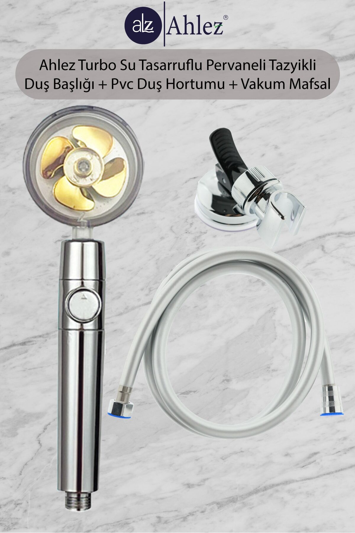 Turbo Pervaneli Duş Başlığı + Pvc Duş Hortumu + Vakumlu Mafsal Duş Takımı