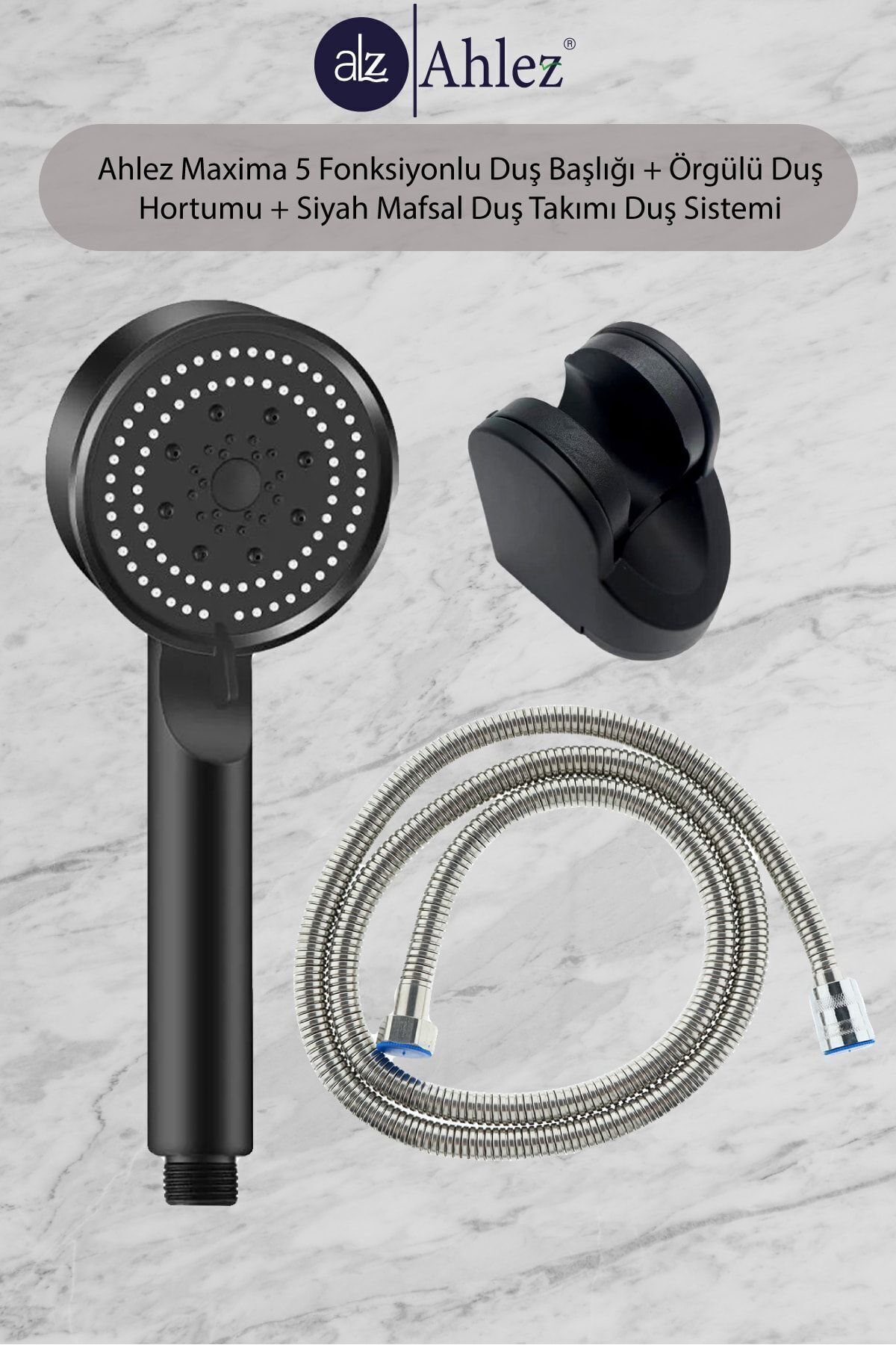 Maxima 5 Fonksiyonlu Duş Başlığı + Örgülü Duş Hortumu + Siyah Mafsal Duş Seti