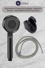 Maxima 5 Fonksiyonlu Duş Başlığı + Örgülü Duş Hortumu + Siyah Mafsal Duş Seti