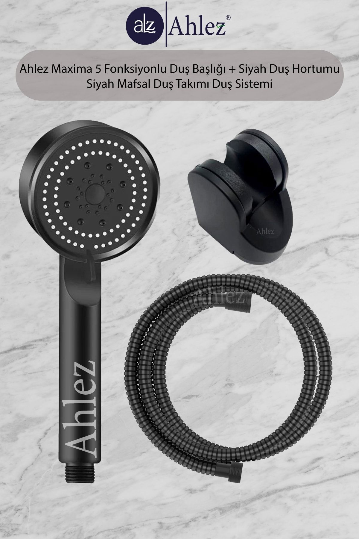 Maxima 5 Fonksiyonlu Duş Başlığı + Siyah Duş Hortumu + Siyah Mafsal Duş Seti
